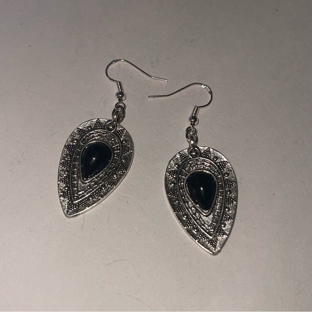 New S925 Sterling Silver Artisan Natural Polished Black Onyx Tibetan Earrings - Picture 7 of 13